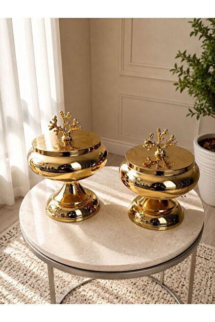 2'Lİ DEKORATİF GOLD RENK AYAKLI ŞEKERLİK EV SALON OFİS DEKORU