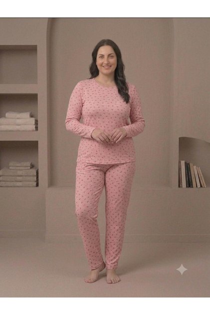Summer Knitted Floral Patterned Powder Sleeve Plus Size Powder Pajama Set