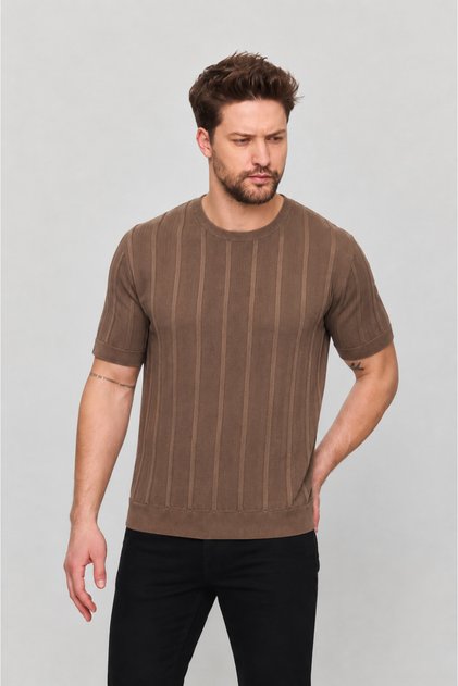 Men's Trend Short Sleeve Striped Casual S.Brown Knitwear T-Shirt