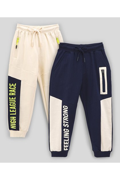 100% Cotton Color Block French Terry Printed Track Pant Zipper Pocket Pack Of 2-Cream & Navy Blue