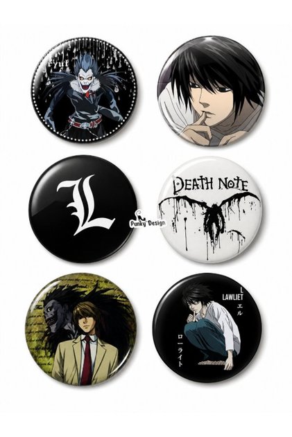 Punky Design 6'lı Anime Temalı Yaka İğnesi Rozet Seti Siyah Beyaz Gotik Manga Karakter