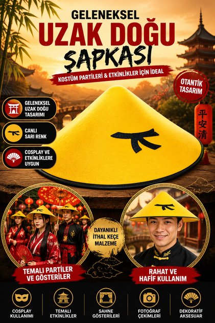 Sarı Uzak Doğu Şapkası Geleneksel Asya Kostüm Şapkası Cosplay Parti Sahne Gösterisi Temalı Etkinlik Aksesuarı