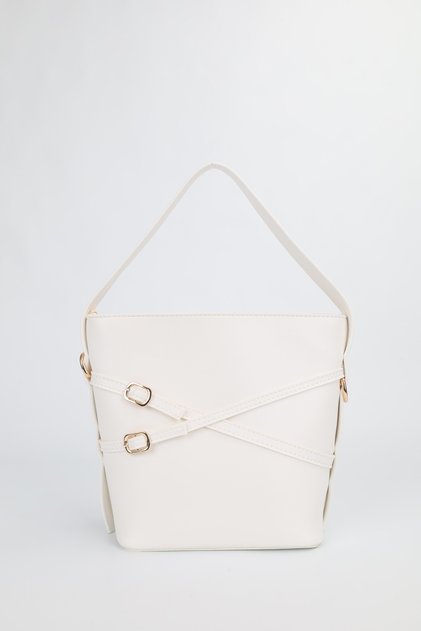 Women's White Double Belt Detailed Bucket Model Hand Shoulder Crossbody Bag Belle