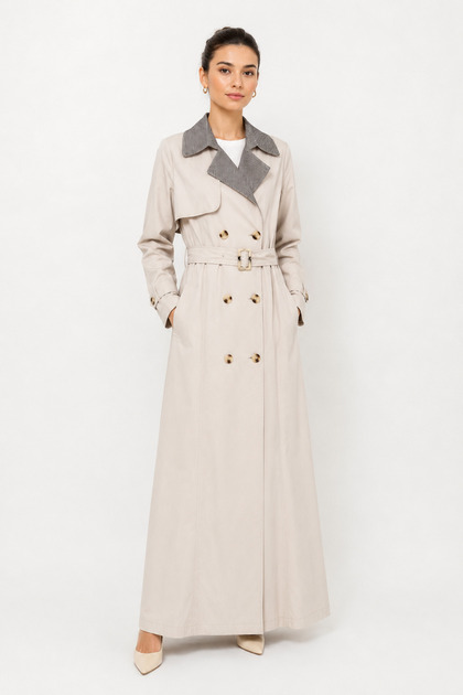 Women's Knitted Collar Maxi Length Double-Breasted Buttoned Belted Unlined Summer Trench Coat