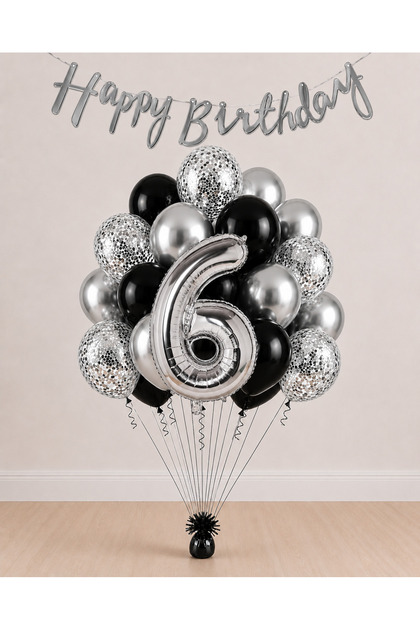 -6- Age Silver Happy Birthday Banner Themed Balloon Bundle 15 Pieces
