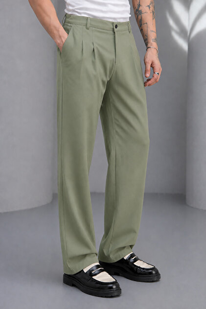 Montivo Men's High Waist Pleated Wide Leg Fabric Trousers Baggy