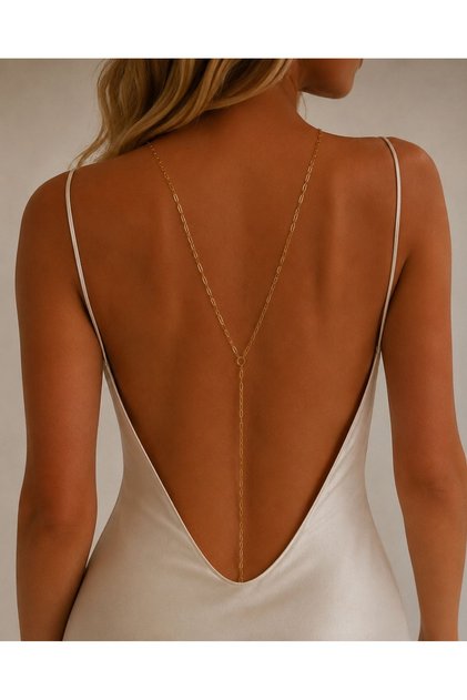 Steel Back Chain Gold Color Open Back Dress Jewelry V Model Stylish Elegant Trend