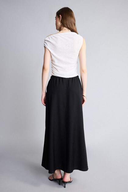 Defacto A-Line Regular Waist Wrinkled Textured Viscose Midi Navy