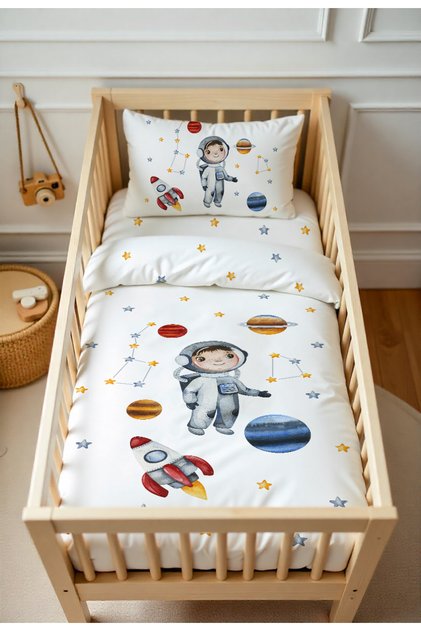 Space and Planet, Astronaut Patterned Baby Duvet Cover Set, Double-Sided 100X150 cm Without Sheets