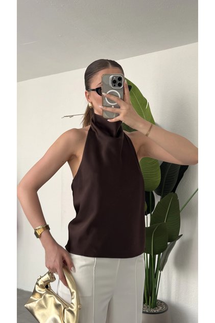 Women's Brown Degaje Collar Backless Satin Blouse