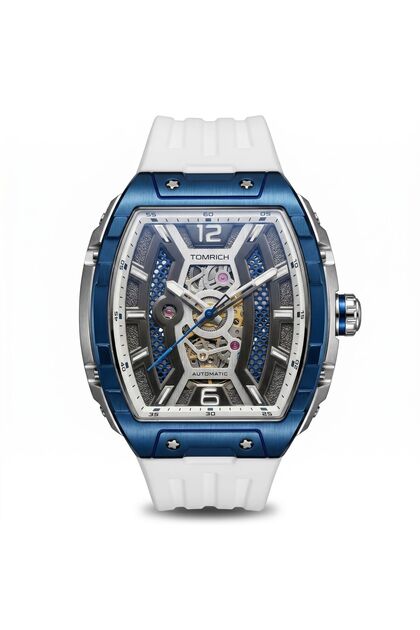 Apex X TR6603 Automatic Skeleton Watch White Silicone Strap Blue Silver Tonneau Dial 5ATM Water Resistant