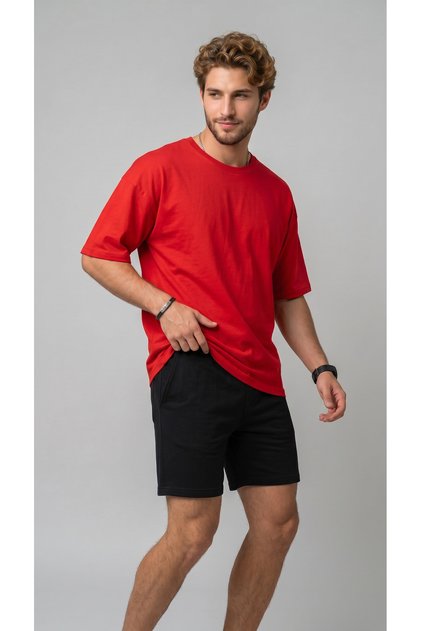 Erkek Kırmızı Oversize Bisiklet Yaka Rahat Kalıp Relaxed T-shirt
