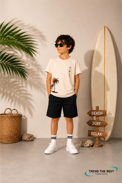 Summer Sun Double Palm Tree Printed Boys' Black Shorts, Beige T-Shirt Set