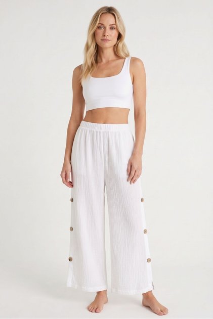 Women's White Button Detailed Wide Leg Trousers