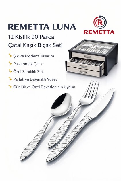 Luna 12 Kişilik 90 Parça Çatal Kaşık Bıçak Seti Sandıklı Paslanmaz Çelik
