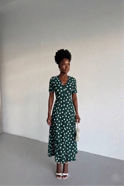 V-Neck Wrinkled Fabric Polka Dot Women's Dress