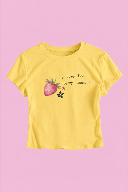 Women's Yellow Strawberry Printed Crew Neck Tight Crop Tshirt