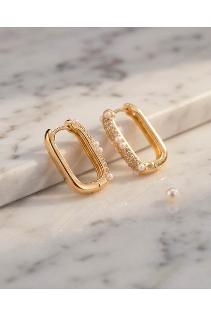 Pearlisse Pearl Detailed Inlaid Zircon Stone Rectangular Steel Xuping Earrings