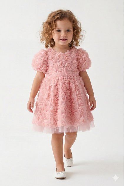 Roseme Pink Bow Detailed Gipe Elastic Girls' Birthday Dress