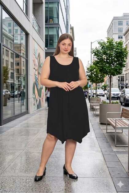 Asel Women's Black Color Large Size Thick Strap Lycra Combed Cotton Dress