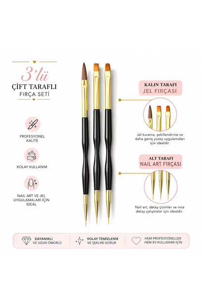 3’lü Çift Taraflı Jel ve Nail Art Fırçası Seti Profesyonel Detay Çizim Fırçası