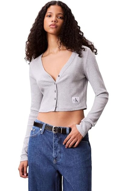 تي شيرت نسائي من القطن المضلع 2×2 من LS WOVEN LABEL باللون الرمادي