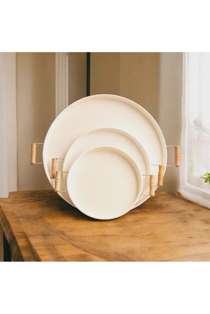 Tray Set with Wooden Handles, Cream Metal Tea Tray, Coffee Presentation, Breakfast 3-Piece Tray Set 30-37-50 cm