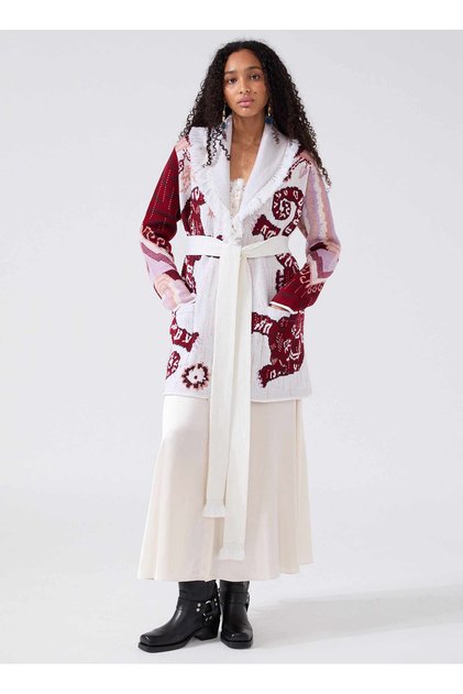 Çok Renkli Kadın V Yaka Normal Hayvan Desenli Hırka Tibetan Tiger Merino Cardigan