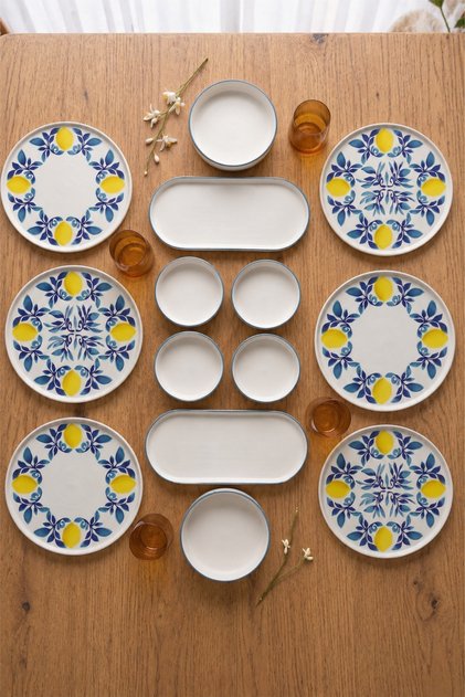 Limon 14 Piece 6-Person Handmade Stackable Ceramic Plate Set Premium Presentation & Breakfast Set