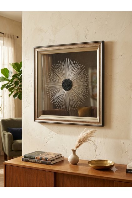 El Yapımı Özel Tasarım Filografi Tablo - Gümüş Tel Dokuma ve Siyah Cam Detaylı – 65x65 cm