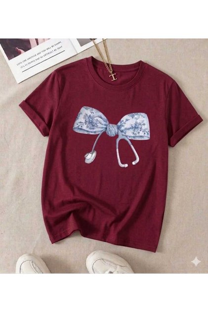 Women's Stethoscope Ribbon Printed Oversized Crew Neck T-Shirt