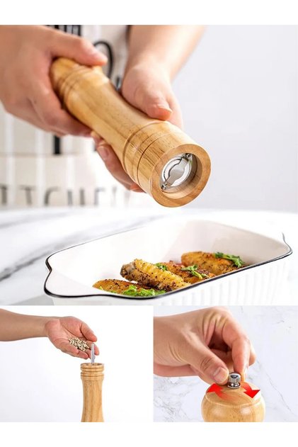 Wooden Salt and Pepper Mill with Bamboo Body 16 Cm, Handmade Spice Grinder with Manual Grinding Mechanism Kitchen Mill
