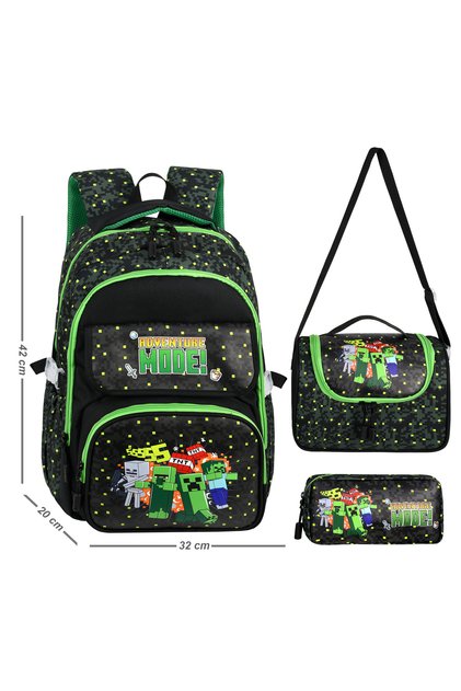 Leather Printed Primary School Backpack, Thermal Lunch Bag and Pen Holder, Triple Set