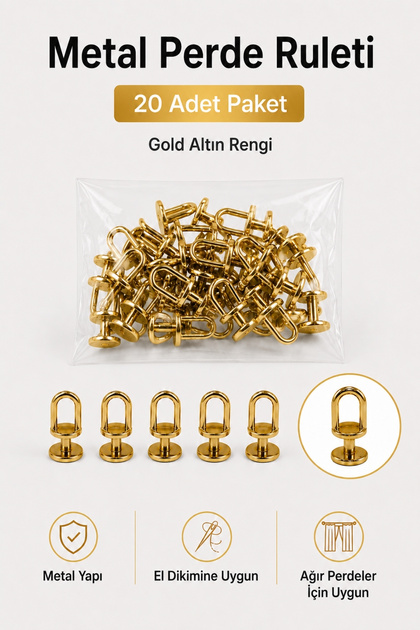 Metal Perde Ruleti Korniş Halkası Metal Rulet Perde Düğmesi 20 Adet Gold Altın Rengi Ekonomik Paket