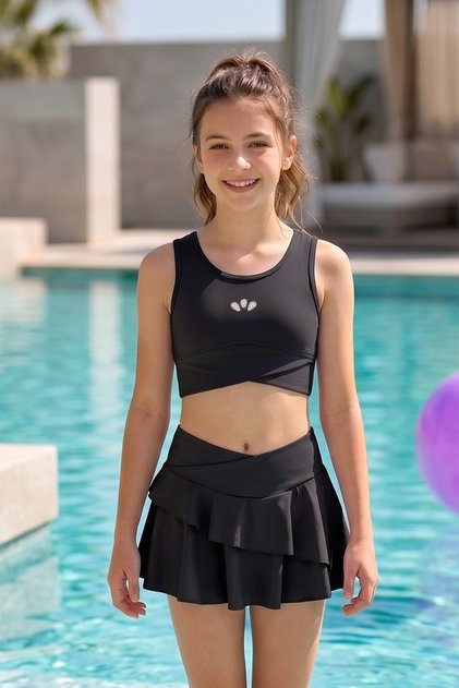 Zero Sleeve Top Shorts Skirt Two-Piece Girls' Swimsuit 26614 Black