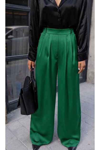 Pantaloni de damă verzi, din satin, stil palazzo