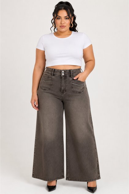 Büyük Beden Denim Taşlı Yüksek Bel Ön Cep Detaylı Taşlı Bol Paça Kadın Pantolon