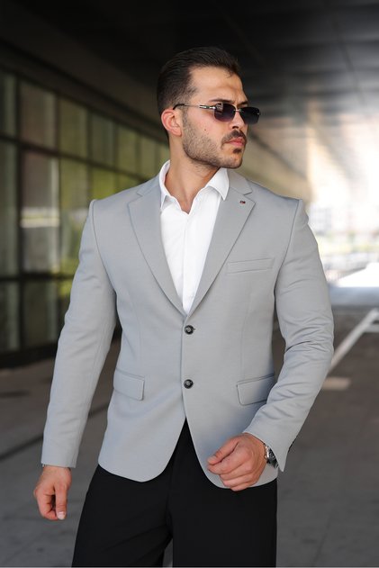 Men's Gray Slim Fit Double Button Blazer Jacket
