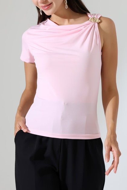 Asymmetrical Collar Sandy Blouse with Metal Accessories