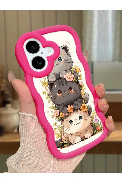 iPhone 16 Compatible Case with Camera Protector Red Silicone Couple Phone Case Cat Pattern