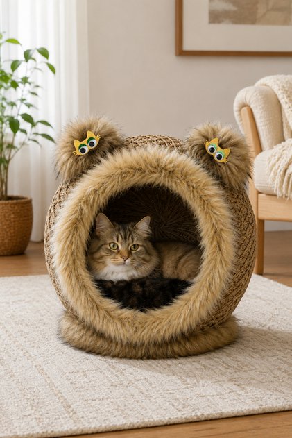 Hasır Kedi Evi Kedi Yuvası Tüylü Minderli Sütlü Kahverengi