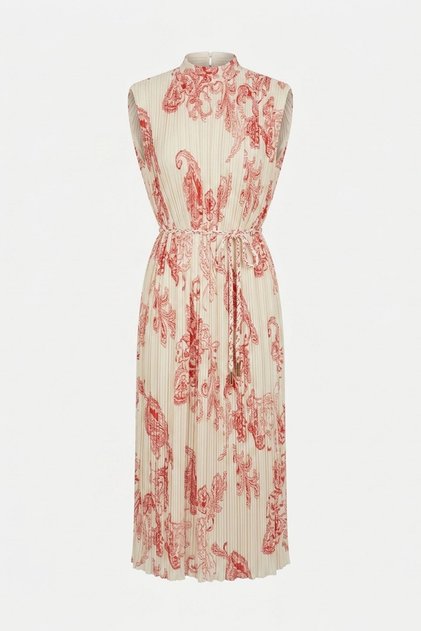Shawl Patterned Pleated Dress - Red