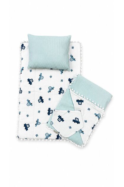 4 Piece Pique Muslin Baby Swaddle Set Double Sided – Blanket, Pillow, Scarf, Bib and Swaddle Cover