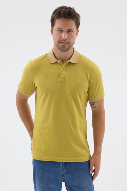 Yellow Polo Collar Pique Short Sleeve Slim Fit 100% Cotton T-Shirt 1011260171