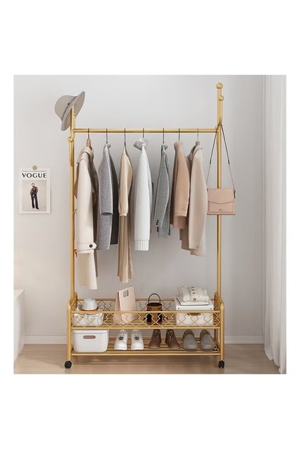 Bedroom Cloth Double Layer Coat Rack, Clothes Rack Beside Storage Gold 100cm