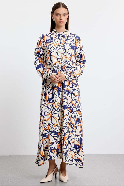 Striped Floral Pattern Shirt Dress Dark Blue