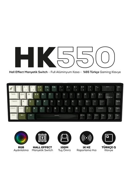 HK550 Hall Effect Manyetik Switch Rapid Trigger RGB 1k Hz 1 Ms Kablolu %65 Gaming Klavye
