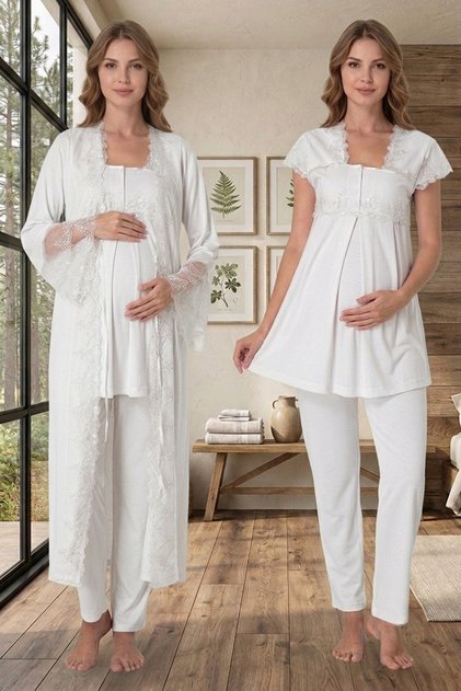 Princess Lace 100% Cotton Maternity Pajama Set with Dressing Gown