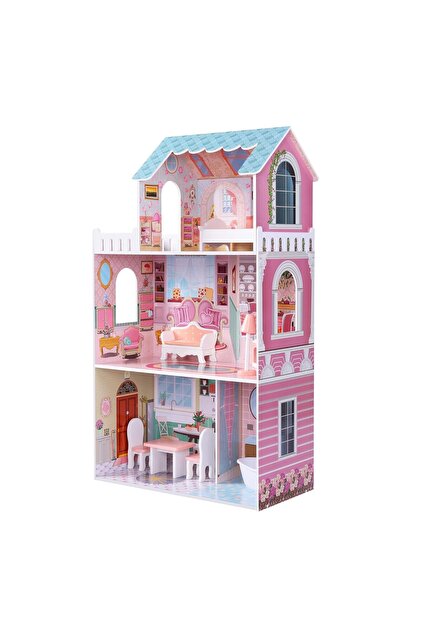 Căsuță de păpuși, din MDF, 3 etaje, 4 camere și un balcon, 9 piese de mobilier, 106 x 61 x 33 cm, Multicolor