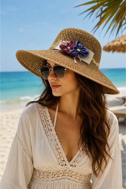 High Quality Camel Imported Straw Flower Detailed Women's Beach Hat